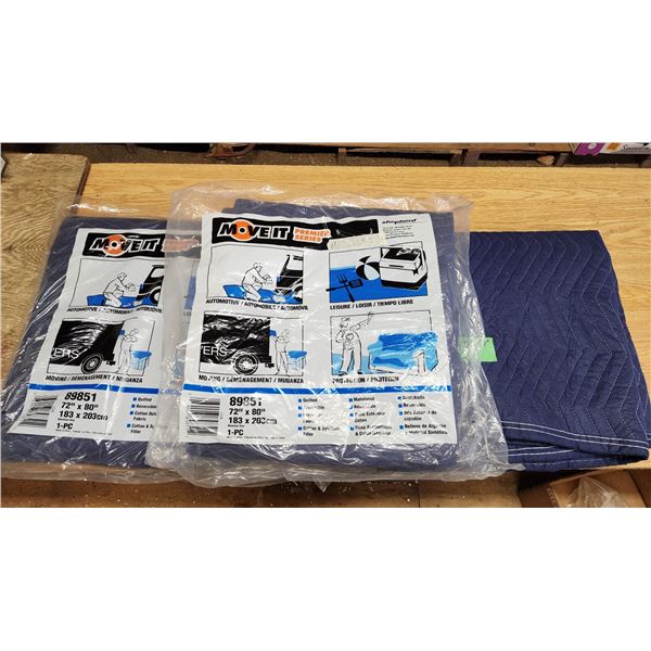 Set of 3, Blue Moving blankets - 2 are new, sealed in bags & One loose - All 72" x 80"