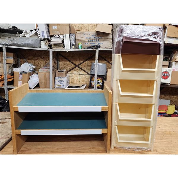 Solid wood shoe rack & 5 plastic organizer bins - Shoe rack 2Ft 1 1/2"W x 1ft D x 1ft 5" H