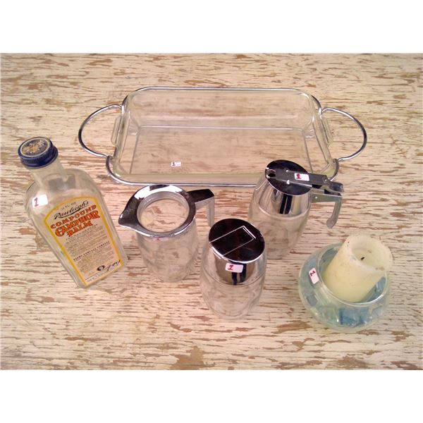 Cake pan, cream & sugar set, candle & rawleigh bottle