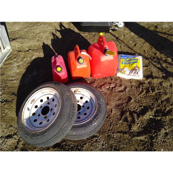 3 Gas cans, 2 tires, & painters dropcloth
