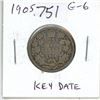 Image 1 : 1905 Silver 25 Cents. Key Date. G-6.