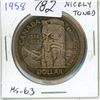 Image 1 : 1958 Silver Dollar. Commemorates the Centenary of the Gold Rush & BC becoming a Crown Colony. MS-63.