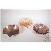 Image 1 : Three vintage pieces of vintage Carnival glass including Millerburg amber tri-footed ruffled dish "C