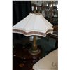 Image 1 : Antique heavy cast table lamp with decorative acanthus leaf decoration and unusual silk shade, 22" i