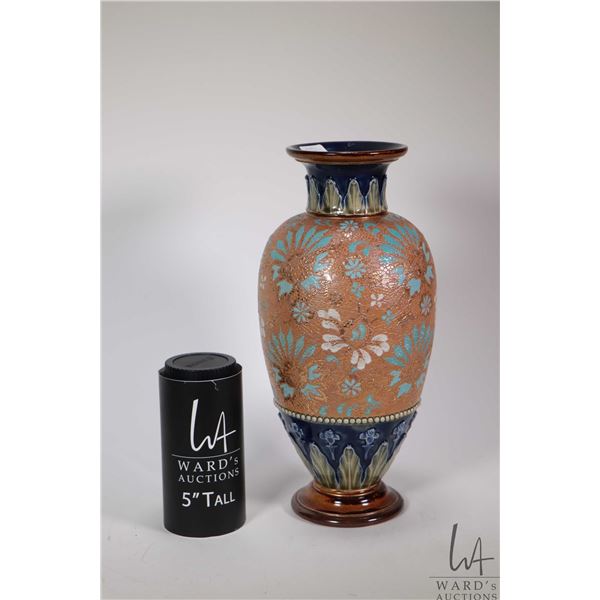 Antique Doulton Slater glazed stoneware and handpainted baluster vase, with incised number 4461, 12"