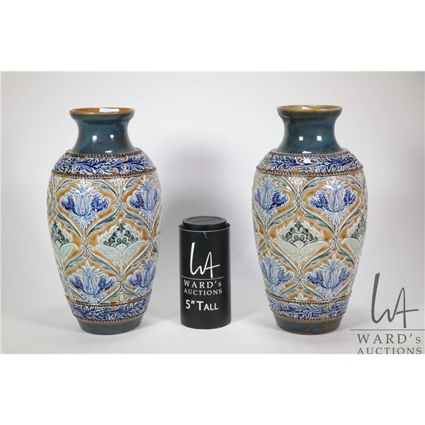 Pair of antique Doulton Lambeth glazed stoneware and vases, both initialled by artist, 11" in height