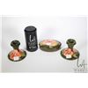 Image 1 : Pair of Moorcroft Coral Hibiscus candlesticks 3 1/2" in height and a 5" oval lidded dresser jar