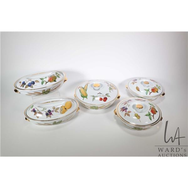 Five Royal Worcester Eveshaw gold lidded shallow entree dishes including two oval and three round di