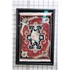 Image 1 : Framed sculpted wool fringed miniature carpet with red background, center medallion and higlights of