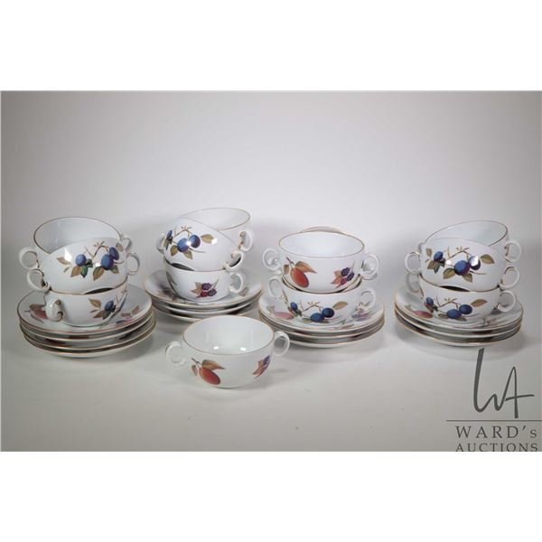 Three Royal Worcester Evesham Gold bouillon bowls with drips trays. Note: Not available for shipping