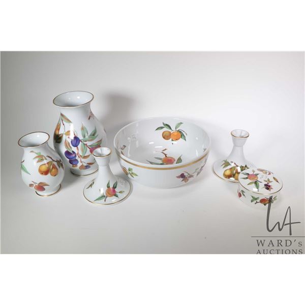 Selection of Royal Worcester Evesham Gold including center bowl 10" in diameter, 9" vase, 7" vase, l