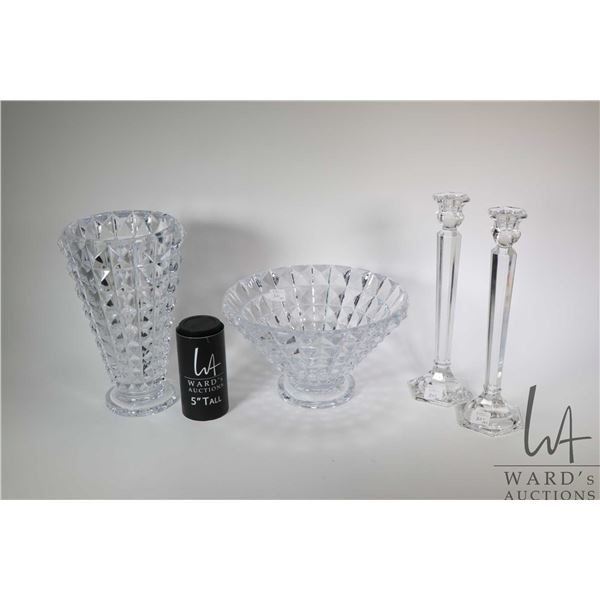 Mid century 10 3/4" crystal vase and matching center bowl plus a pair of elegant glass candlesticks