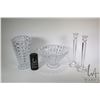 Image 1 : Mid century 10 3/4" crystal vase and matching center bowl plus a pair of elegant glass candlesticks