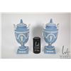 Image 1 : Pair of Wedgwood blue Jasperware lidded urns, each 12" in height