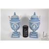 Image 2 : Pair of Wedgwood blue Jasperware lidded urns, each 12" in height