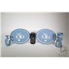 Image 1 : Four pieces of Wedgwood Jasperware including two 9 3/4" oval plates, a 6 1/2" tall cylinder vase and