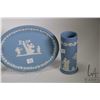 Image 2 : Four pieces of Wedgwood Jasperware including two 9 3/4" oval plates, a 6 1/2" tall cylinder vase and