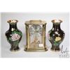 Image 1 : Two 8" tall cloisonne vases and a Birks quartz anniversary style clock, working at time of catalogui