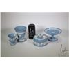 Image 1 : Four pieces of Wedgwood Jasperware including footed comport, round lidded dresser box, 5" vase and a