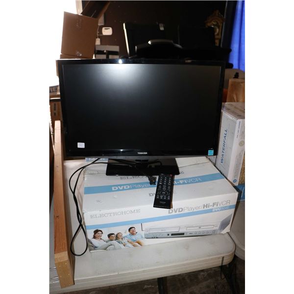 New in box Electrohome DVD/ Hi-Fi VCR combo machine, model DVC504E and 24" Toshiba television/ monit