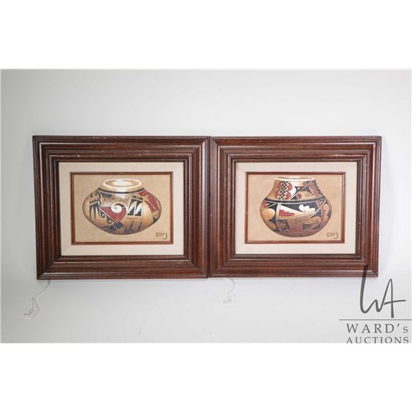 Two framed original acrylic on suede paintings featuring Acoma Pueblo pottery by artist Erv Johnson,