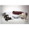 Image 1 : Two trays of decor items including aluminum drinks shakers, boxed letter knife and magnifying glass,