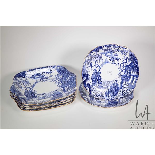 Four Royal Crown Derby "Mikado" bone china, double handled serving plates, each 9 1/4" square and tw