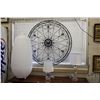 Image 1 : Two crystal lamps with shades and a 40" round iron wall hanging plus a tissue paper shaded floor lam
