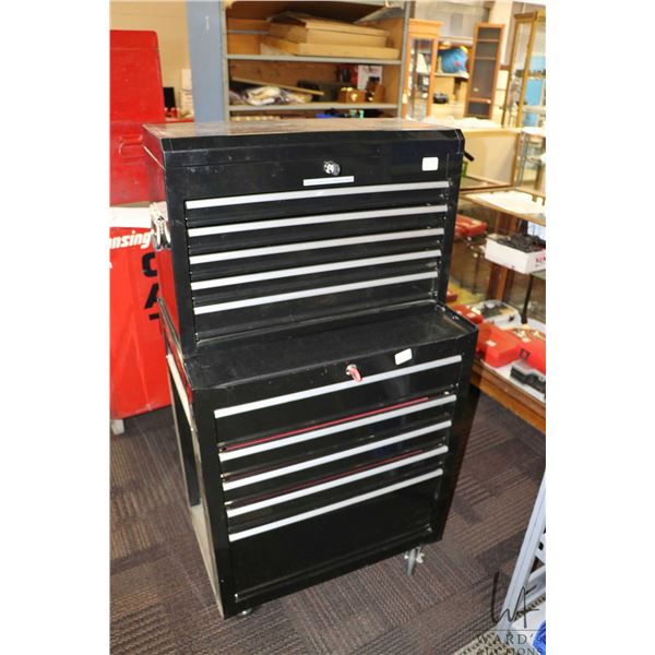 Black tool box set including five drawer topper, drawer bottom with lined slider drawers, pull handl