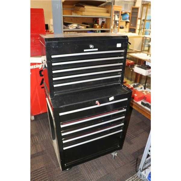 Black tool box set including five drawer topper, drawer bottom with lined slider drawers, pull handl