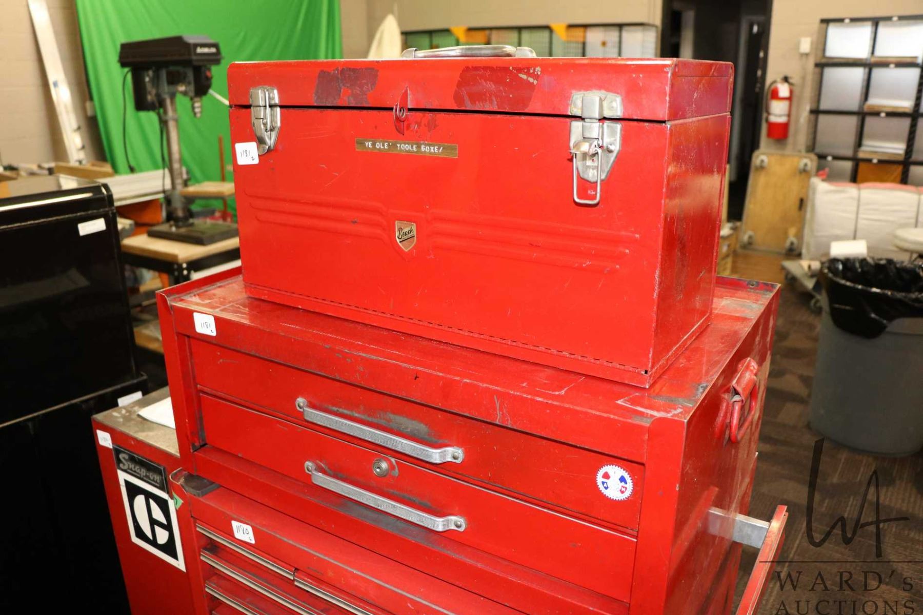 Beach tool box 21" X 9" X 11 1/2" high, with three drawers and upper