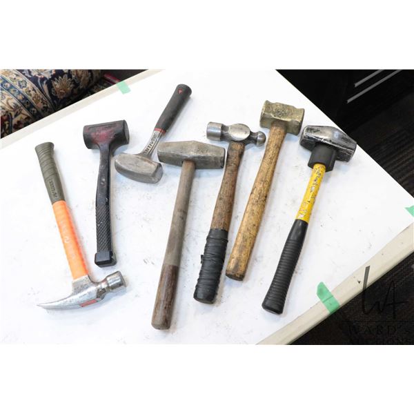 Mac Tool anti-vibe sledge hammer, a Weaver claw hammer, 2 lbs. deep blow hammer, brass head hammer, 