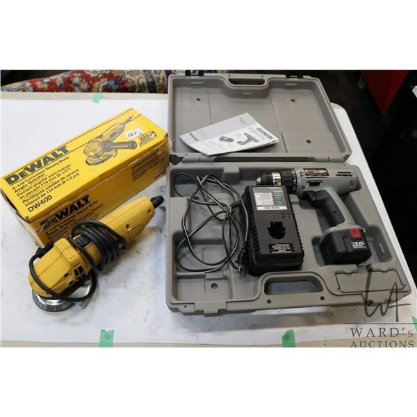 Porter Cable 12 volt rechargeable drill and a DeWalt 4 1/2" heavy duty angle grinder both working at