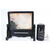 Image 3 : Framed "Misty Cloud" stone calligraphy screen, 8 1/2" X 6 3/4" plus stand