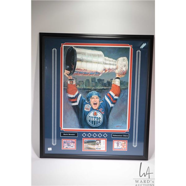 Framed Mark Messier Tag Lim print, two hockey cards and an Edmonton vs Phoenix game ticket. Note: No