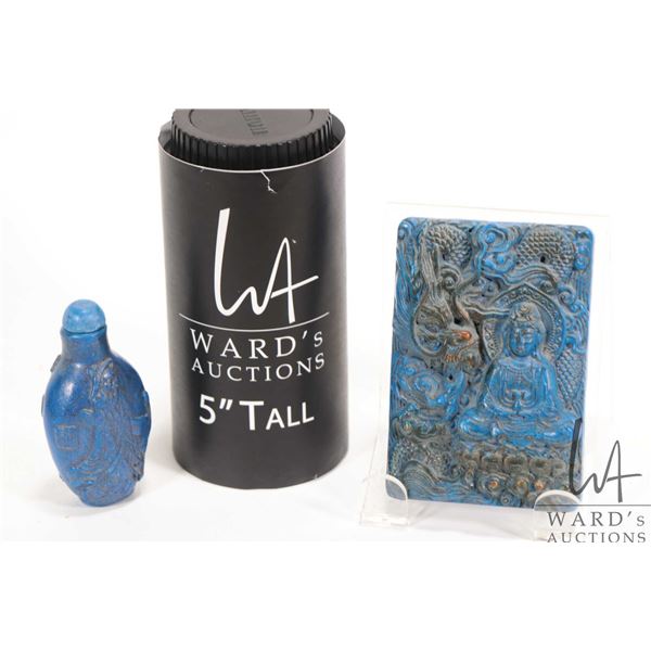 Rectangular lapis style Buddha blessing plaque 4" X 2 3/4", and a blue lapis style snuff bottle