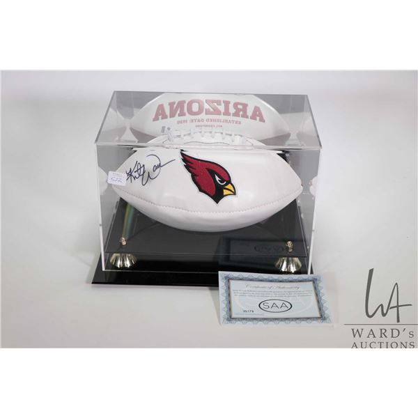 Hand signed and numbered Arizona NFL football in display case with COA, unidentified signature