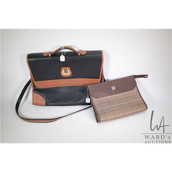 French made Lancel messenger bag with camel coloured leather accents and a Burberrys zippered pouch