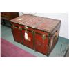 Image 1 : Antique metal steamer trunk with vintage travel stickers including Cunard Line
