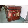 Image 2 : Antique metal steamer trunk with vintage travel stickers including Cunard Line