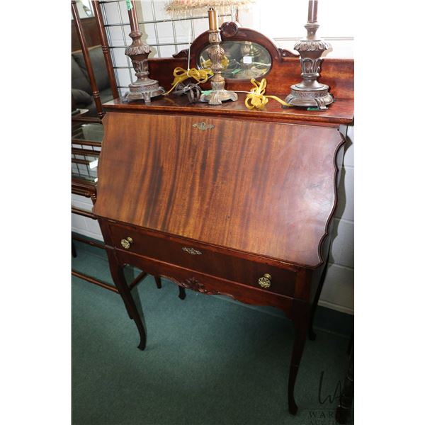 Small antique mahogany fall front desk with beveled mirror and pigeon ...