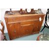 Image 1 : Antique oak sideboard with three covered section and two drawers, note: two non-original pulls, 50" 