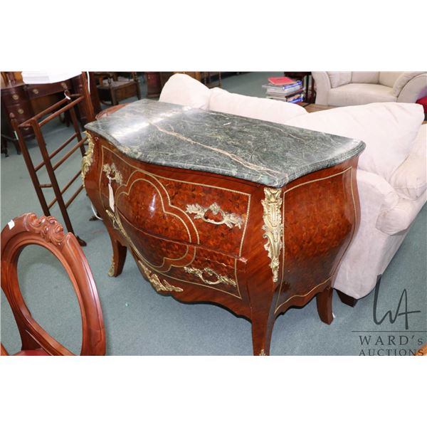 French style two drawer bombe cabinet with decorative attached ormolu and marble top, 36" high X 48"