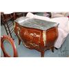 Image 1 : French style two drawer bombe cabinet with decorative attached ormolu and marble top, 36" high X 48"