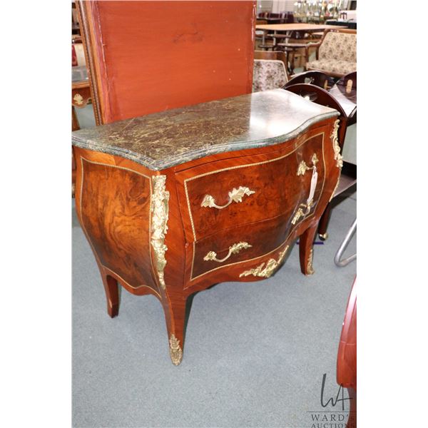 French style two drawer bombe cabinet with decorative attached ormolu and marble top, 32" high X 40"