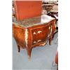 Image 1 : French style two drawer bombe cabinet with decorative attached ormolu and marble top, 32" high X 40"