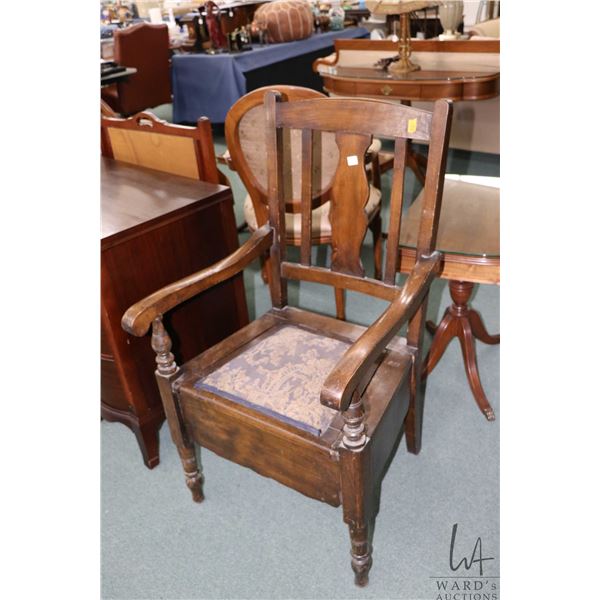 Antique walnut comode chair with flip up seat and glazed ironstone lidded commode