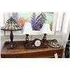 Image 1 : Selection of decor including quartz top hat mantle clock, two matching lamps, one on case lamp with 
