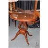 Image 1 : Antique refinished walnut occasional table with lyre base, brass capped paw feet and glass top prote