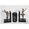 Image 1 : Pair of vintage cold painted bronze figural Jester bookends, each with carved ivory like faces and h